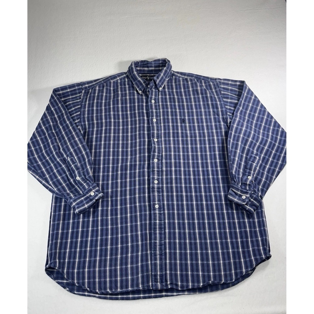 Polo Ralph Lauren Blake Shirt XL Blue Plaid Flannel Cotton Long Sleeve Vintage